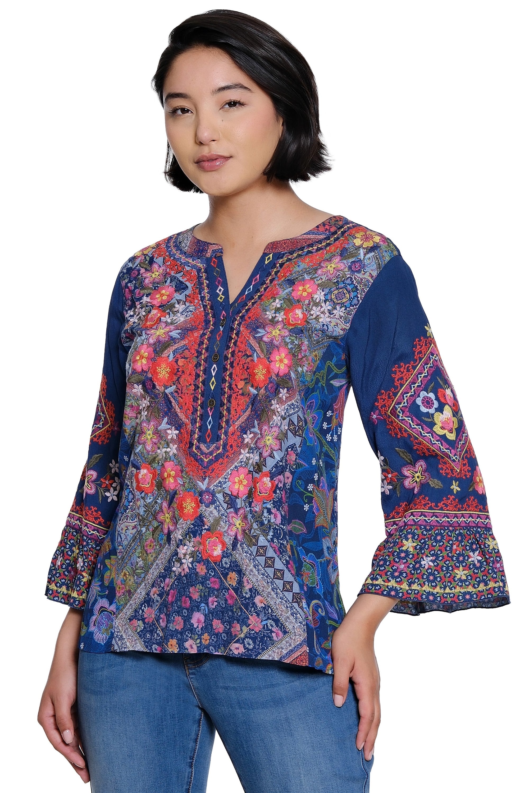 Multi Print Embroidered 3/4 Ruffle Sleeve Tunic - Multi