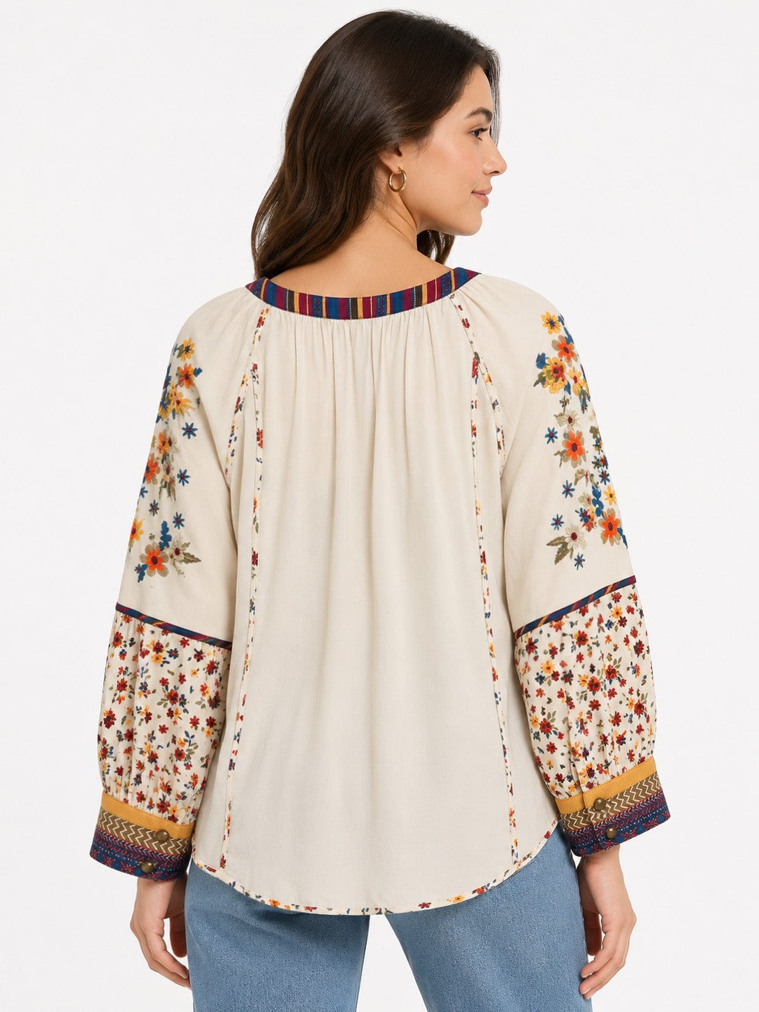 Embroidered Elbow Sleeve Button Front Popover Top - Cream - view 2