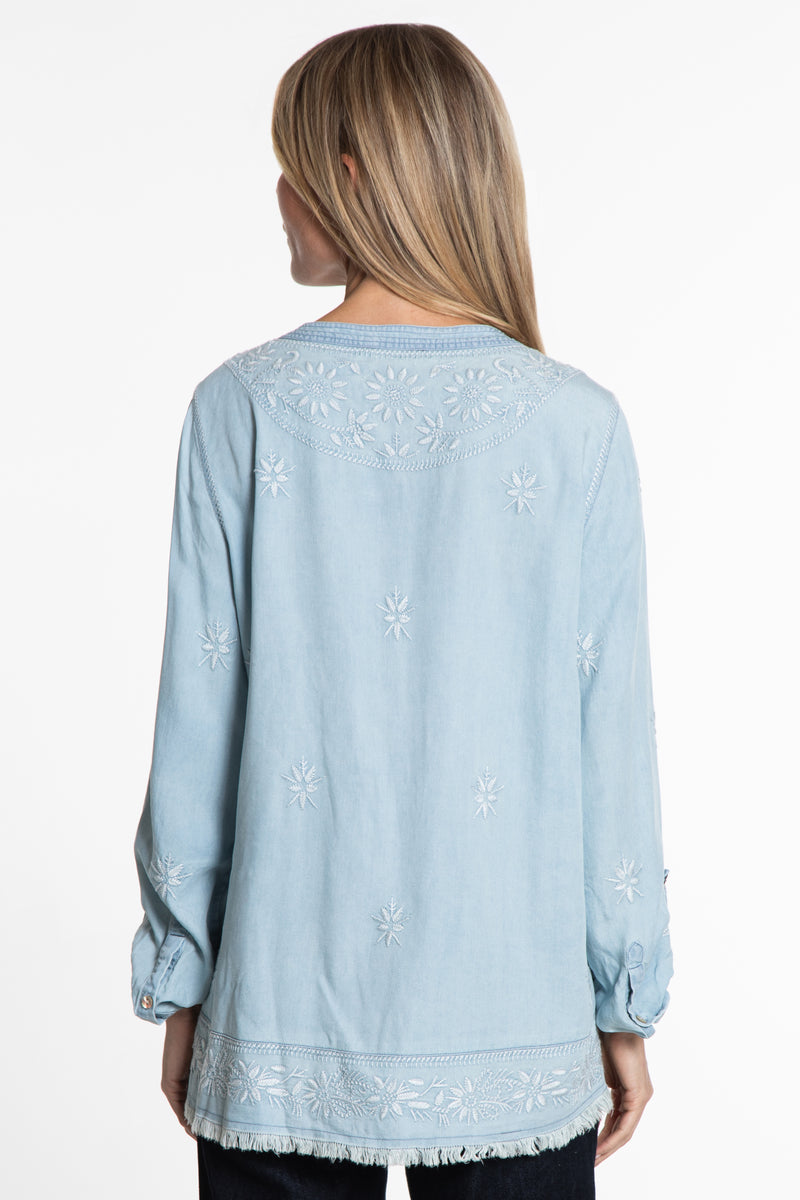 Embroidered Split Neck Tunic - Chambray