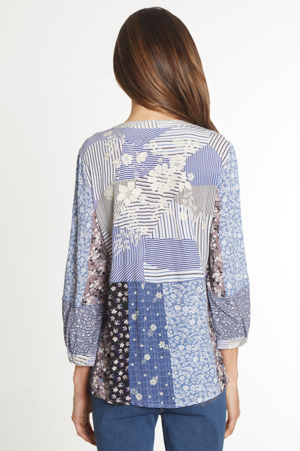 Mixed Print Embroidered Tunic - Blue Print
