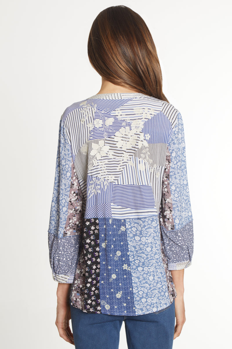 Mixed Print Embroidered Tunic - Petite - Blue Print