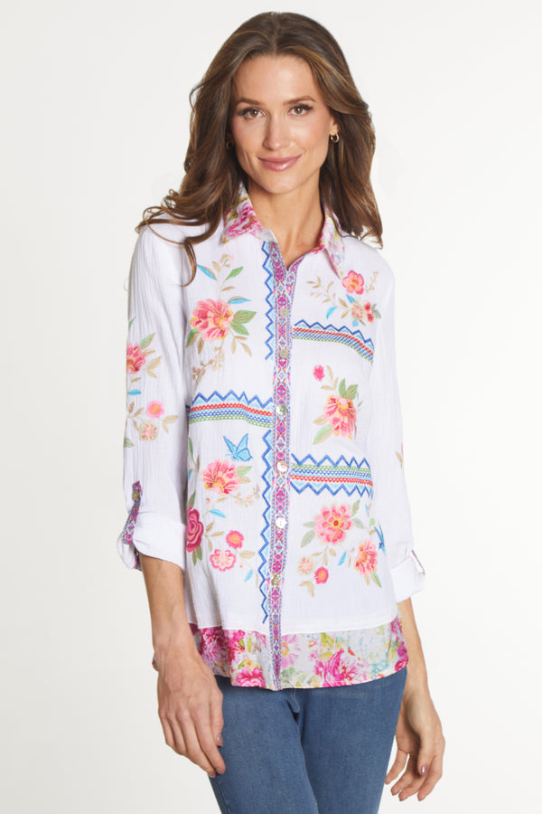 Button Front Floral Shirt - White