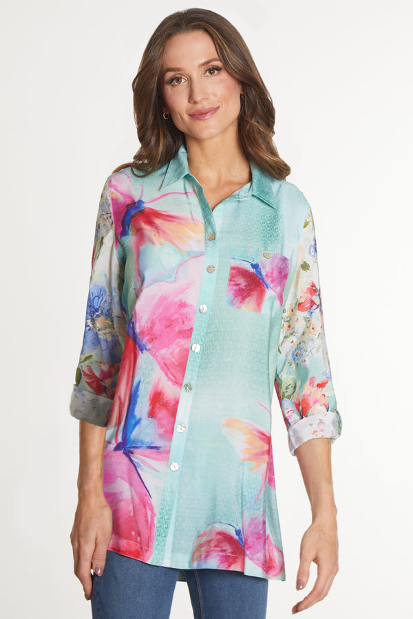 Long Button Front Tunic- Floral Multi