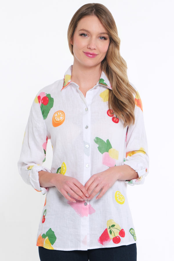 Fruit Embroidered Button Front Tunic- White