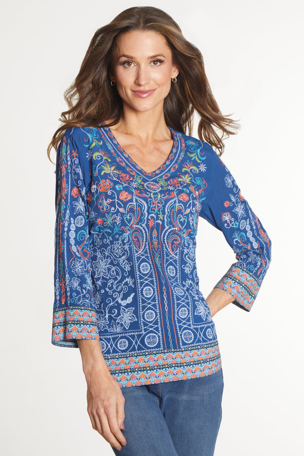 Embroidered V Neck Tunic - Women's - Navy