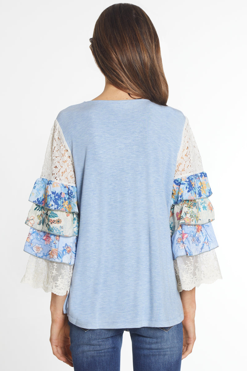 V Neck Tunic with Lace Flounce Sleeves - Dusty Blue