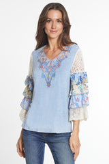 V Neck Tunic with Lace Flounce Sleeves - Petite - Dusty Blue