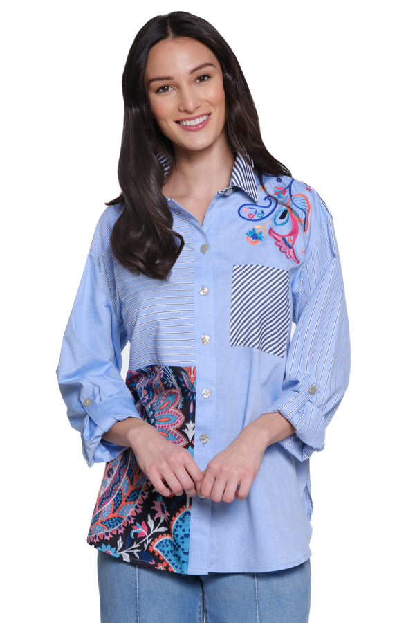 Mixed Print Button Front Shirt - Blue Stripe