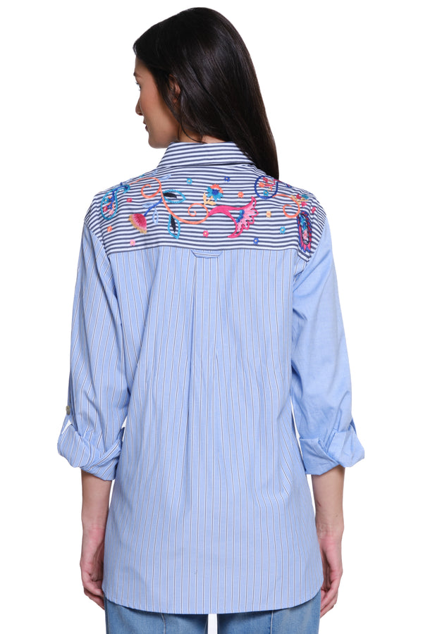 Mixed Print Button Front Shirt - Blue Stripe