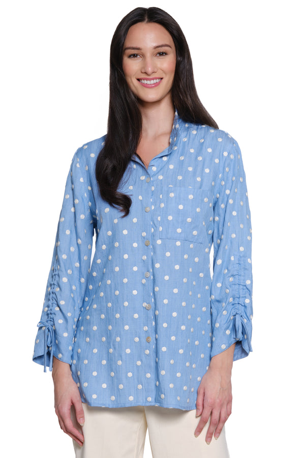 Polka Dot Button Front Shirt - Light Indigo