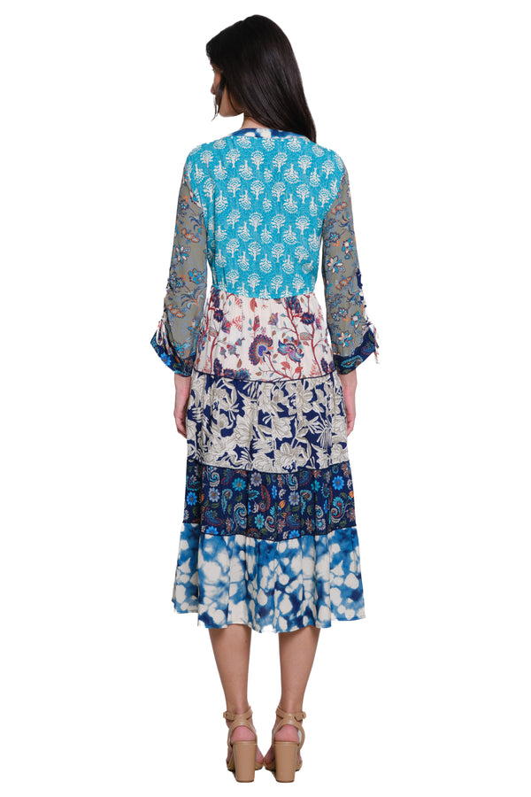 Print Dress with Cinch Tie Sleeves - Multi