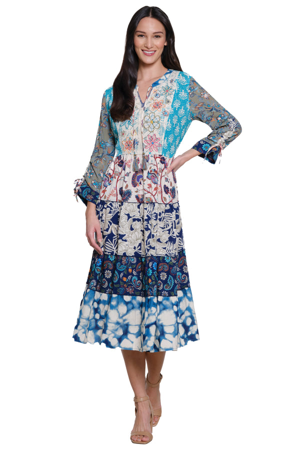 Print Dress with Cinch Tie Sleeves - Multi