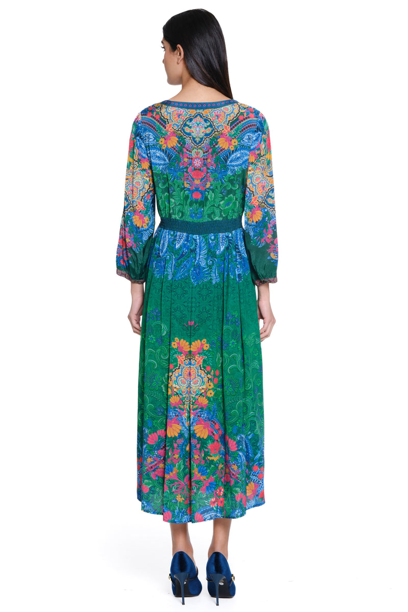 Beaded Midi Dress - Green Print