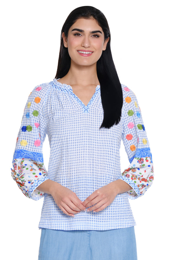 Print Raglan Sleeve Top - Blue Plaid