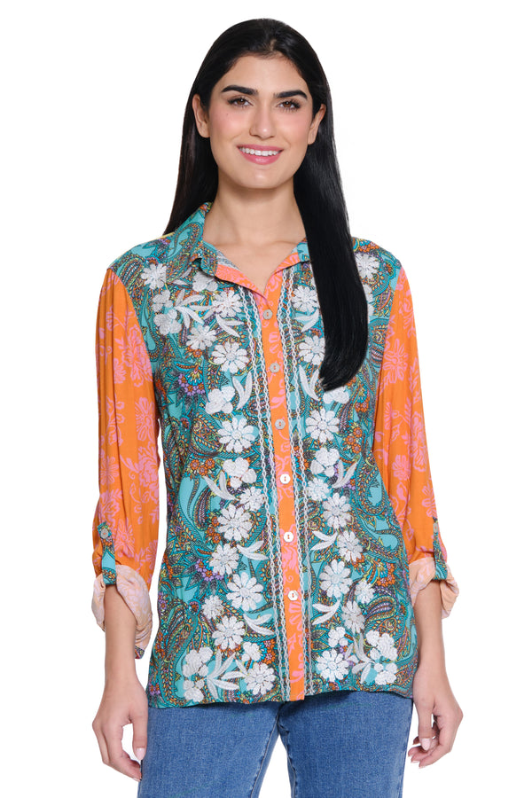 Embroidered Mixed Print Button Up - Multi