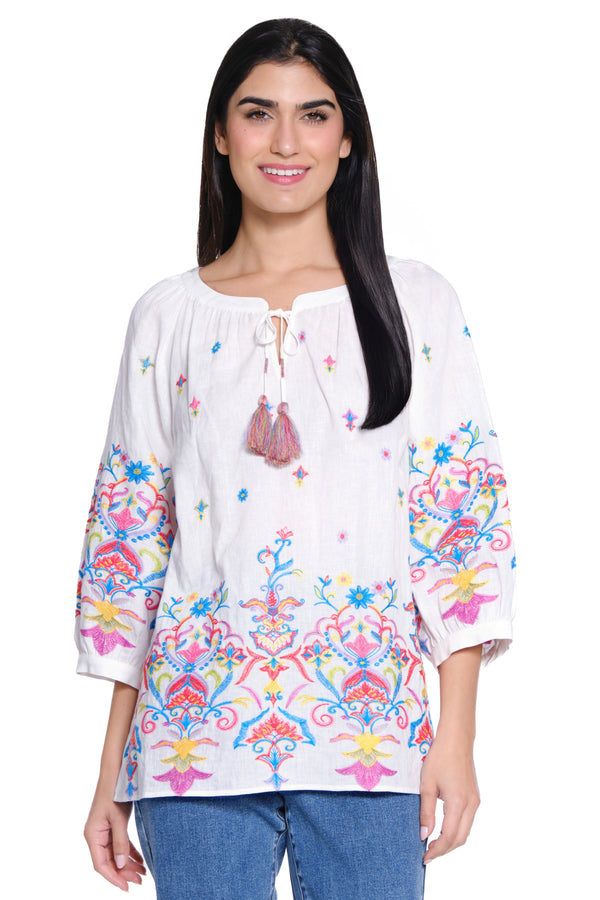 Embroidered Floral Linen Tunic - White