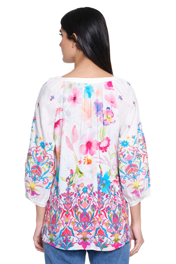 Embroidered Floral Linen Tunic - White