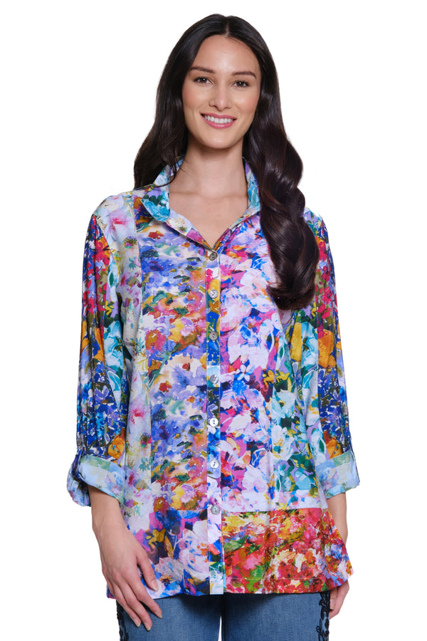 Mixed Floral Button Front Top - Petite - Floral Multi