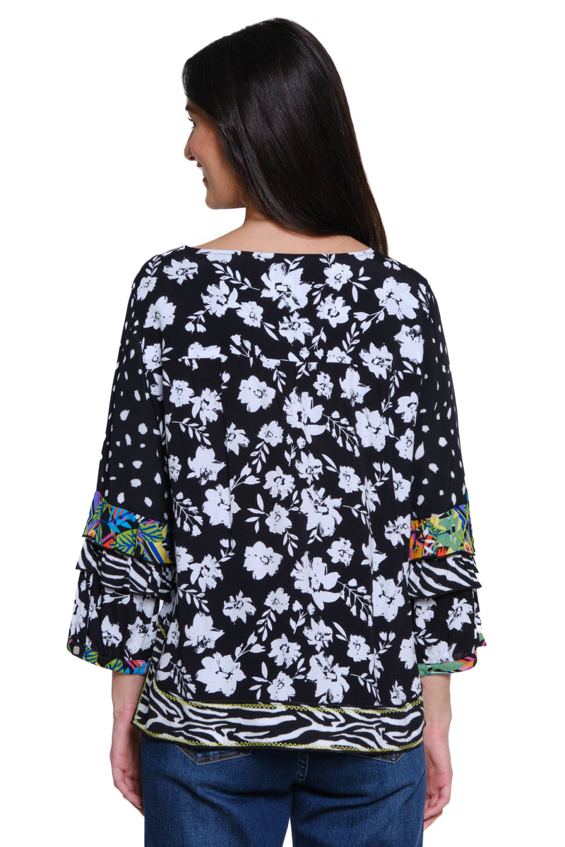 Mixed Print Ruffle Sleeve Top - Black/Ivory