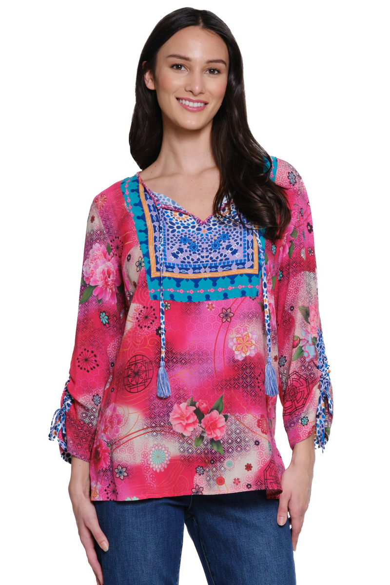 Print Tunic with Tassel Tie Sleeves - Women's - Multi