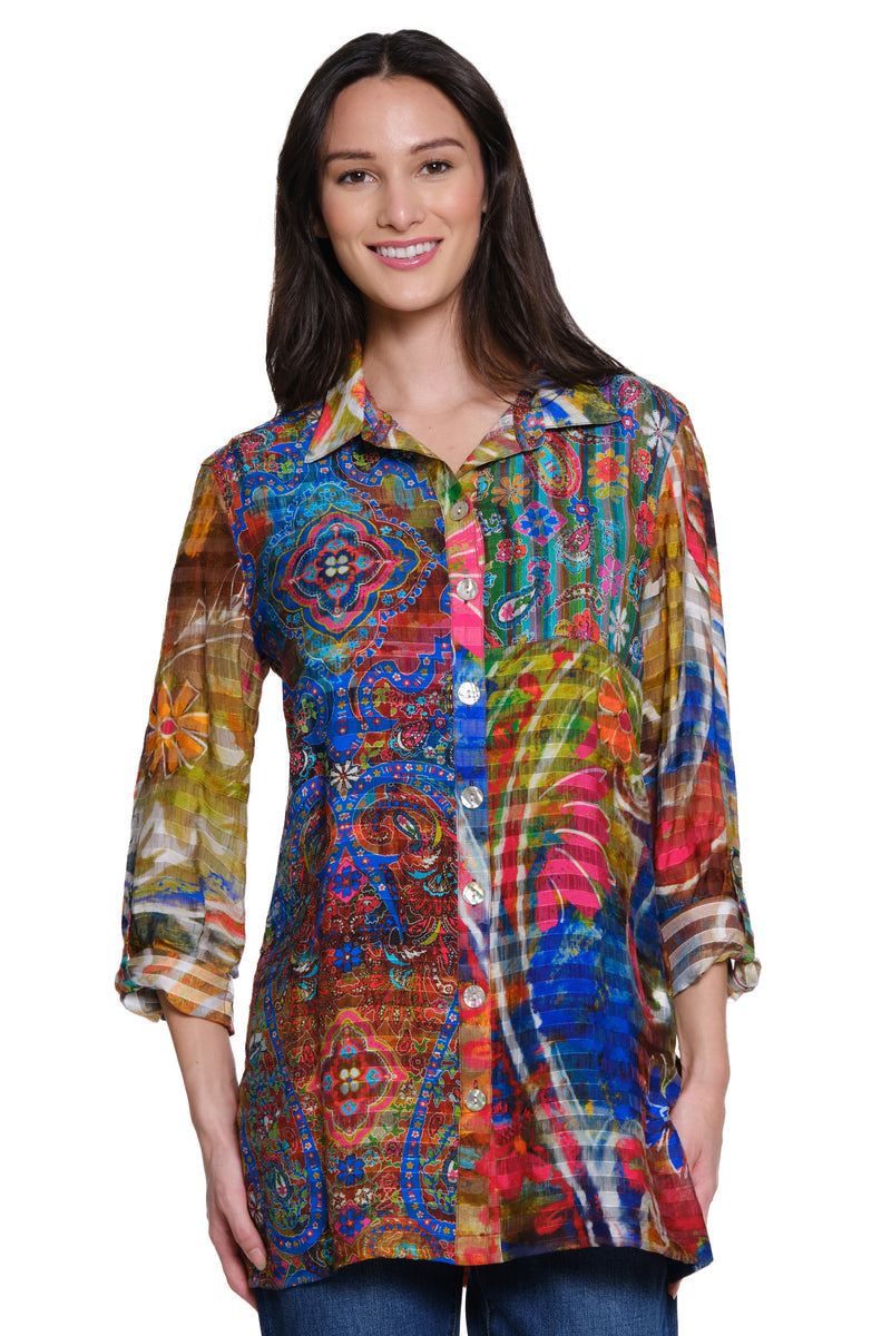 Printed Button Front Tunic - Petite - Multi