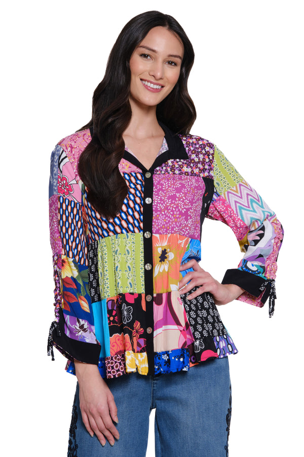 Mixed Print Button Front Tunic - Petite - Patch Multi