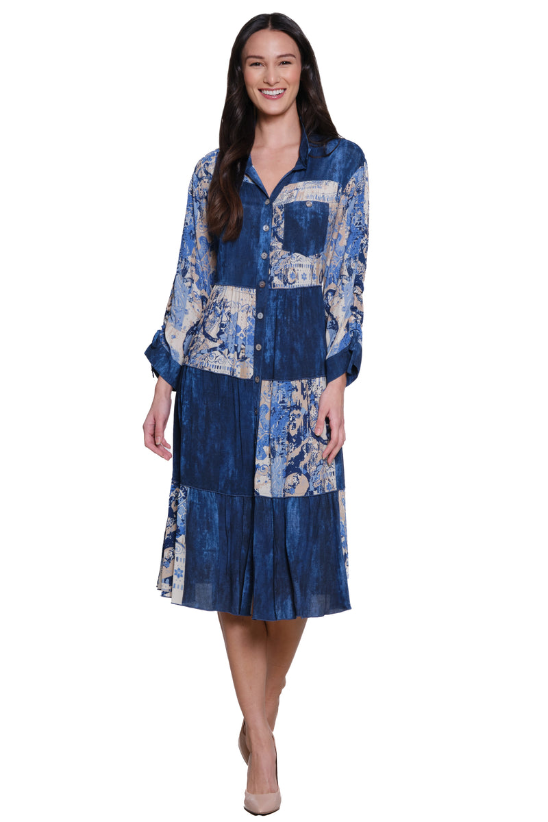 Patchwork Print Dress - Blue Print