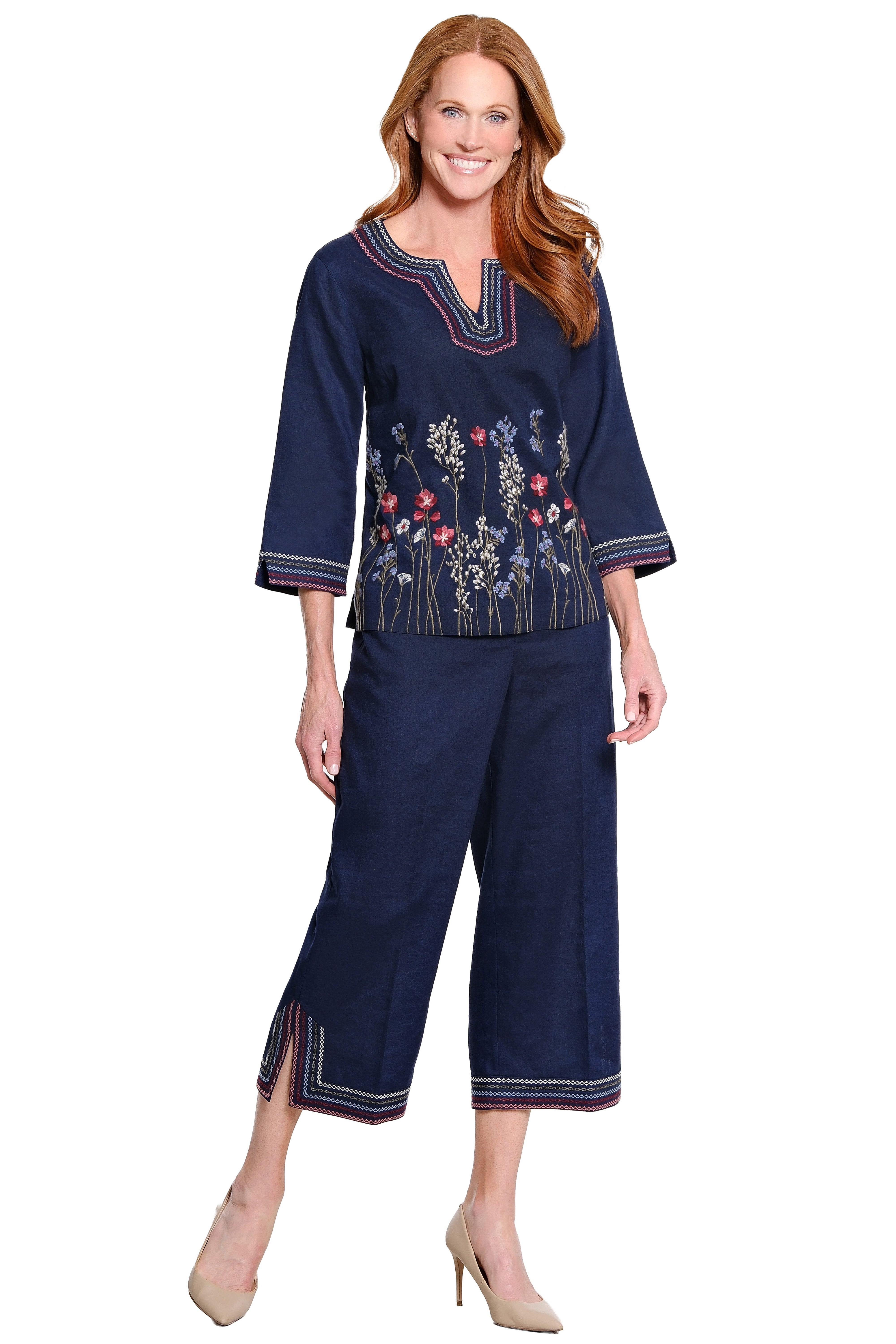 Border Embroidered Tunic - Plus - Navy