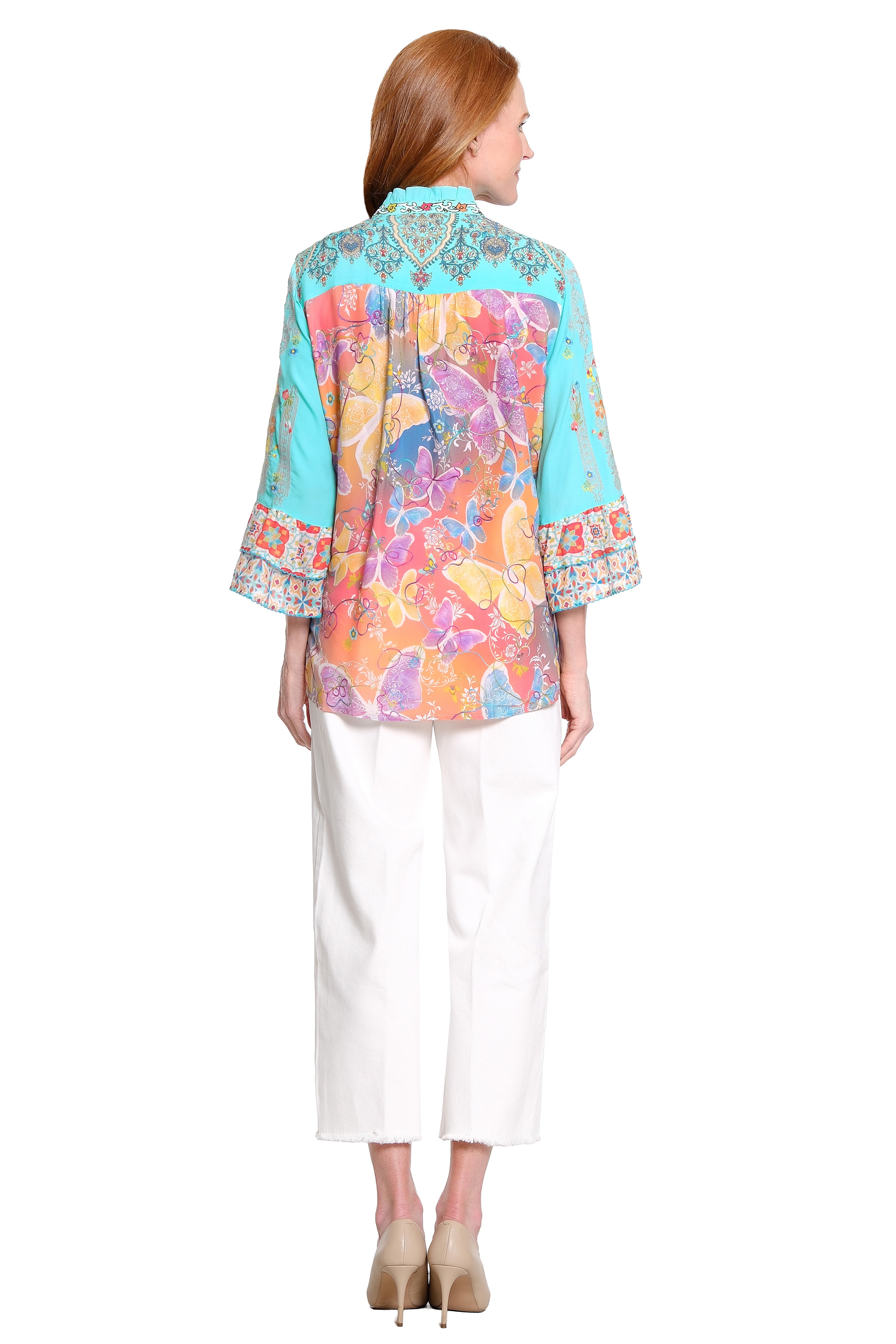 Embroidered Button Front Blouse - Aqua