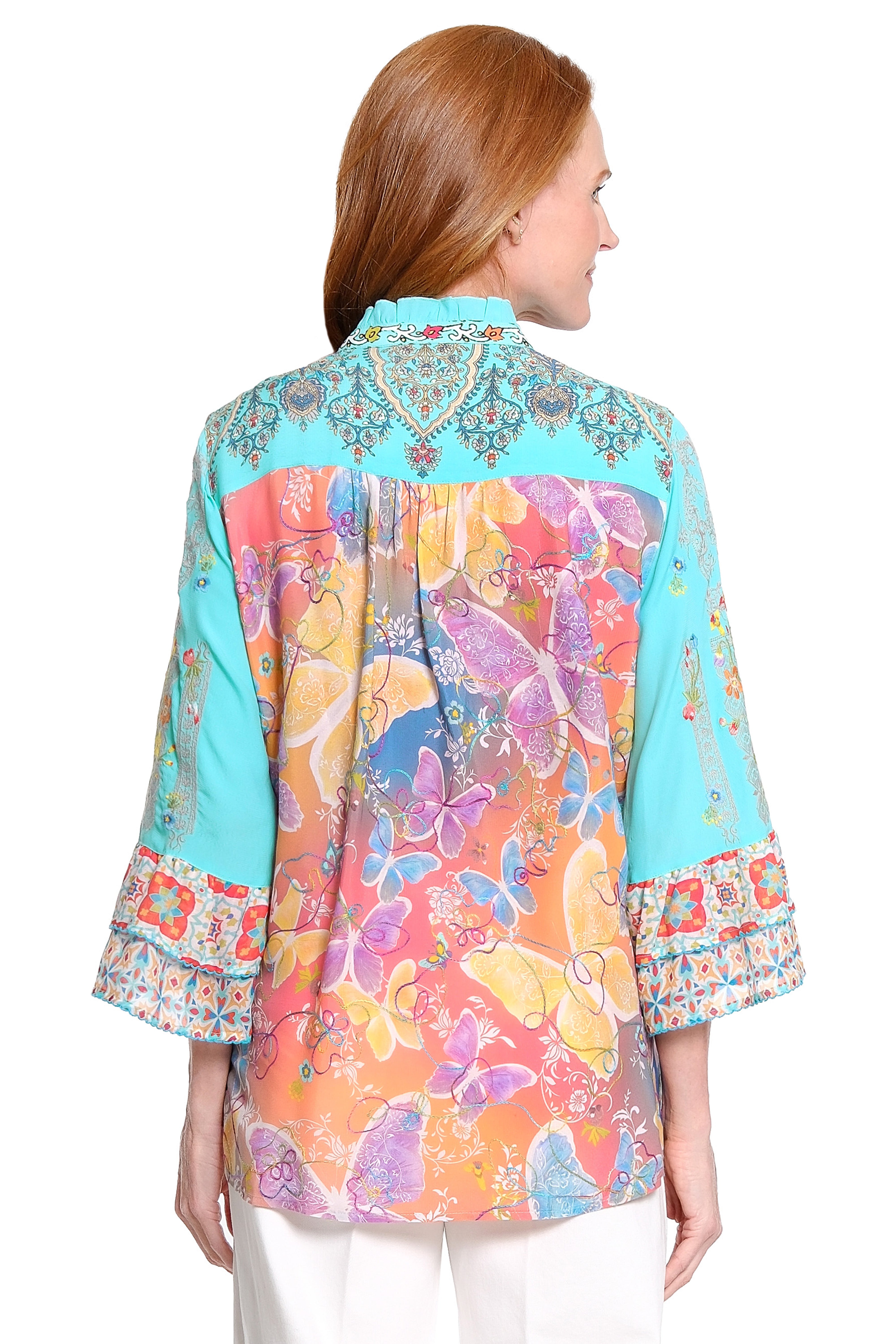 Embroidered Button Front Blouse - Plus - Aqua