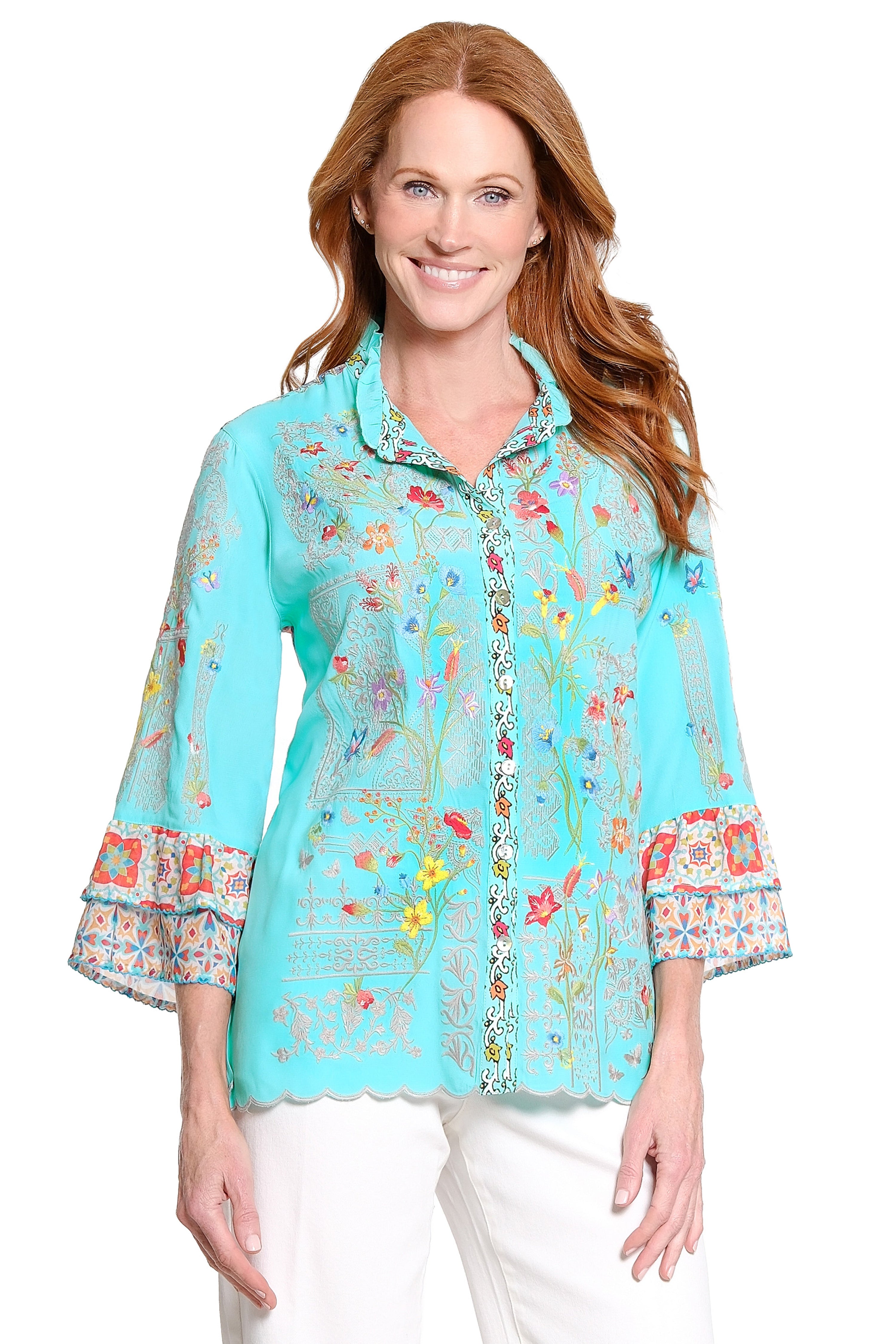 Embroidered Button Front Blouse - Plus - Aqua