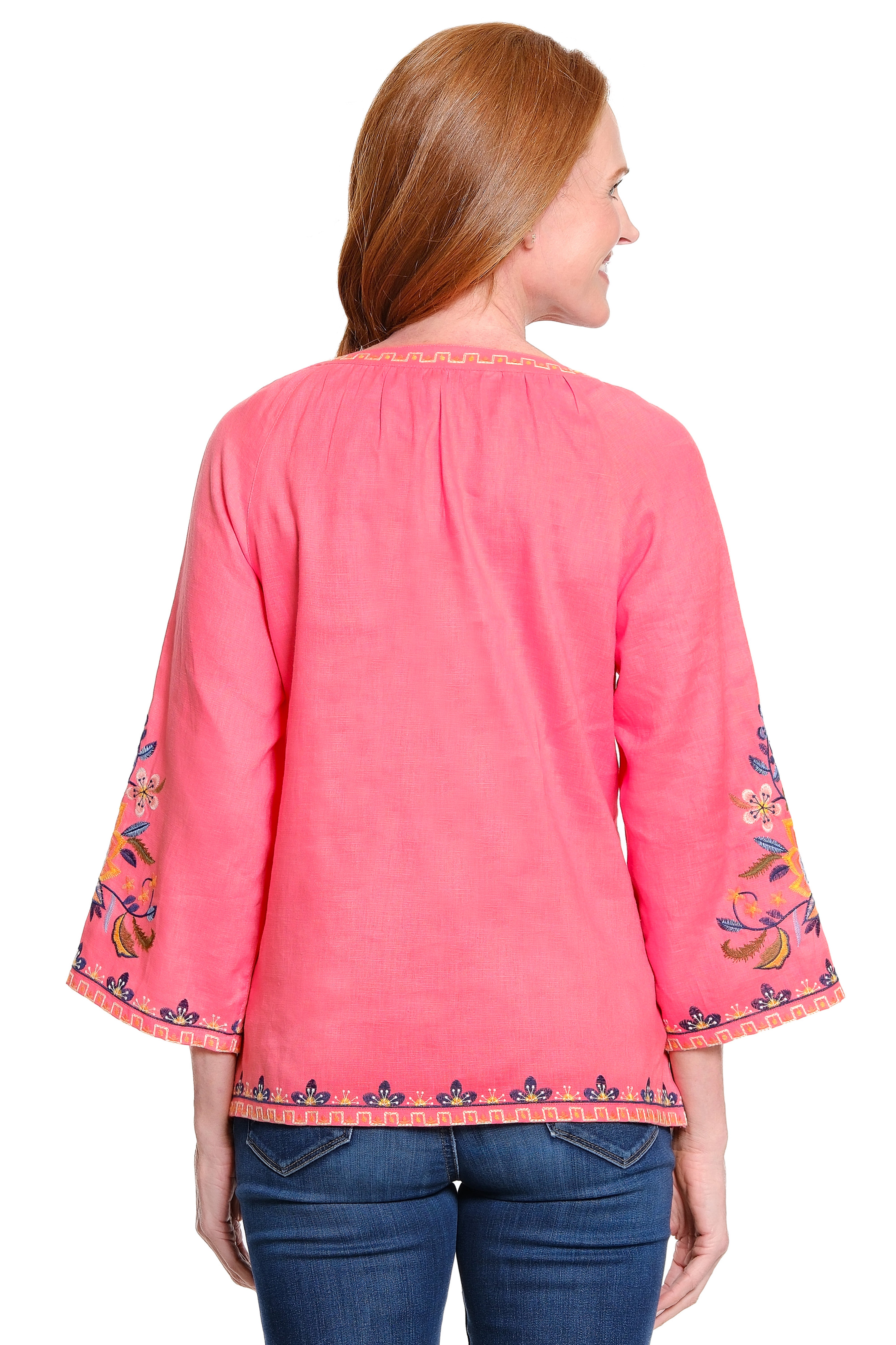 Embroidered Tie Front Peasant Top - Plus - Coral