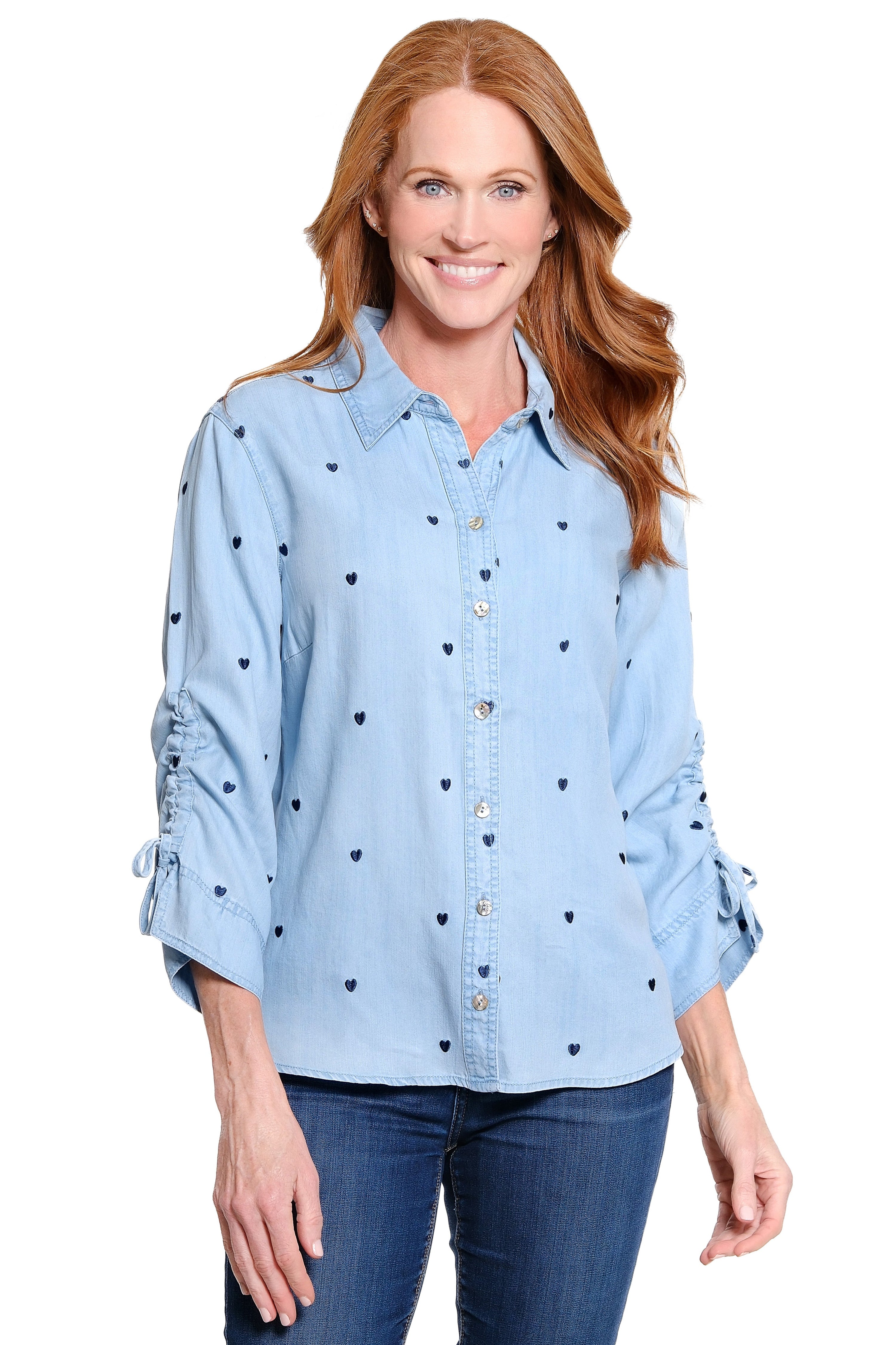 All Over Heart Embroidered Blouse - Plus - Chambray