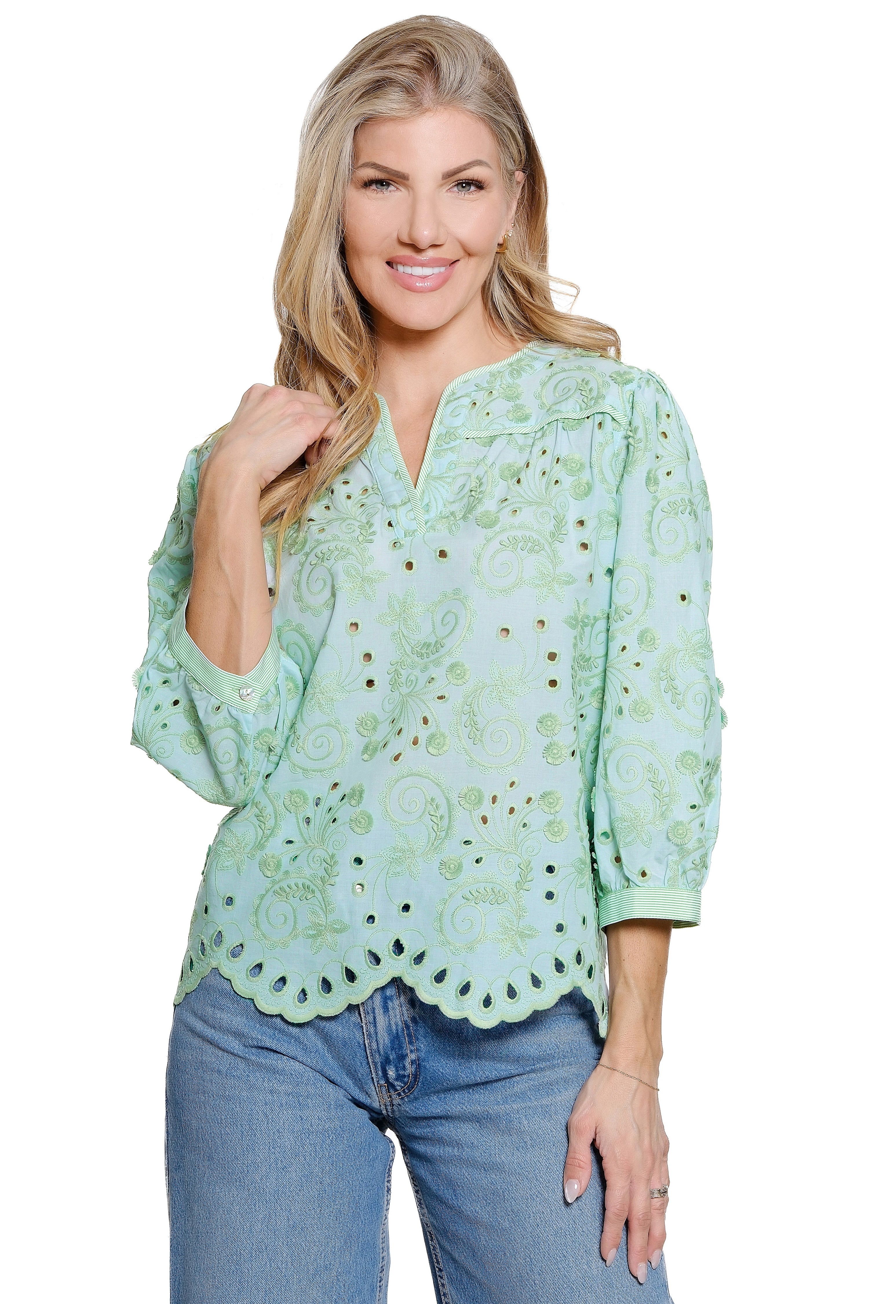 Embroidered Eyelet Tunic with Scallop Hem - Sky