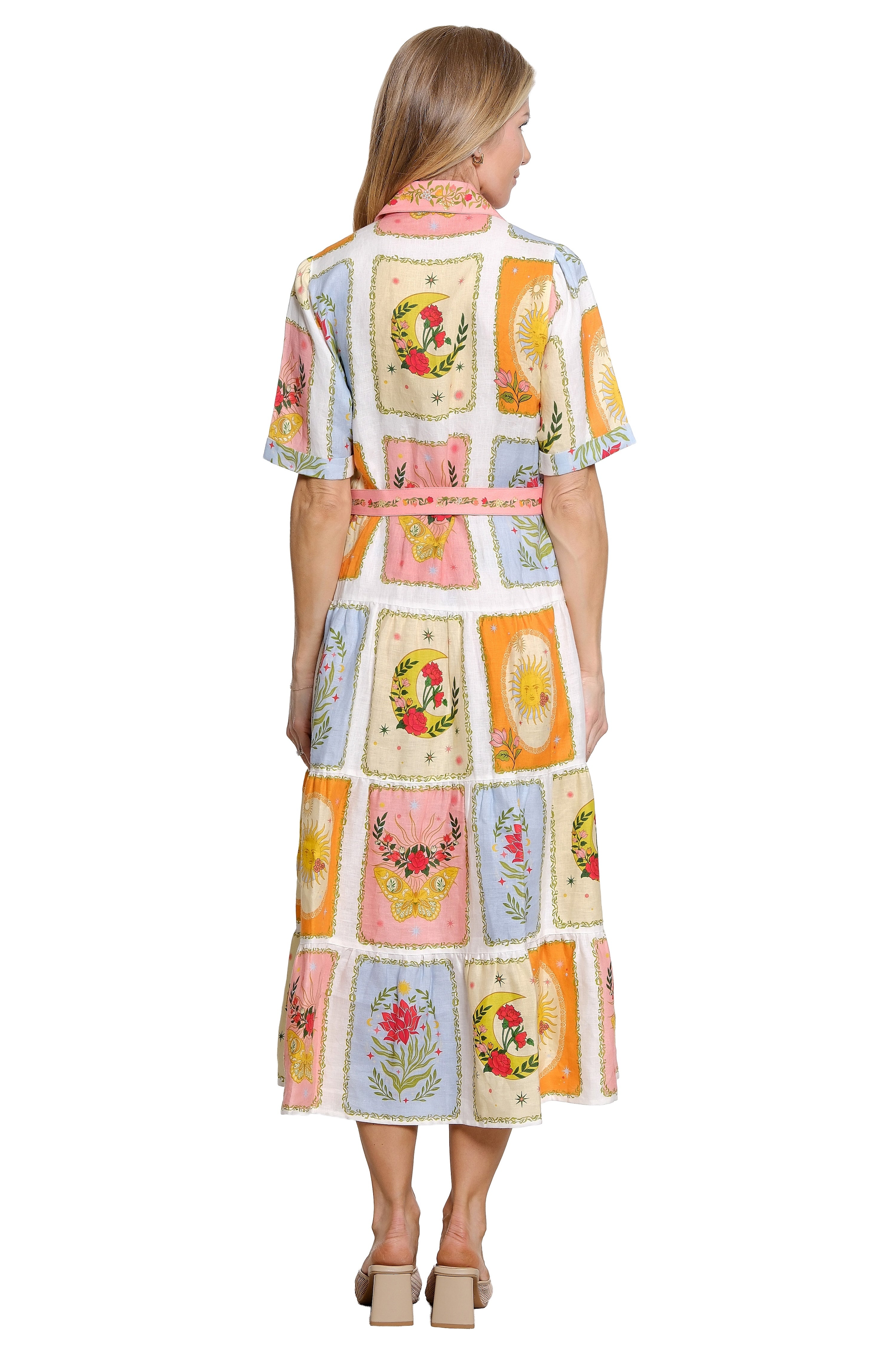 Floral Patchwork Midi Dress with Belt - Multi