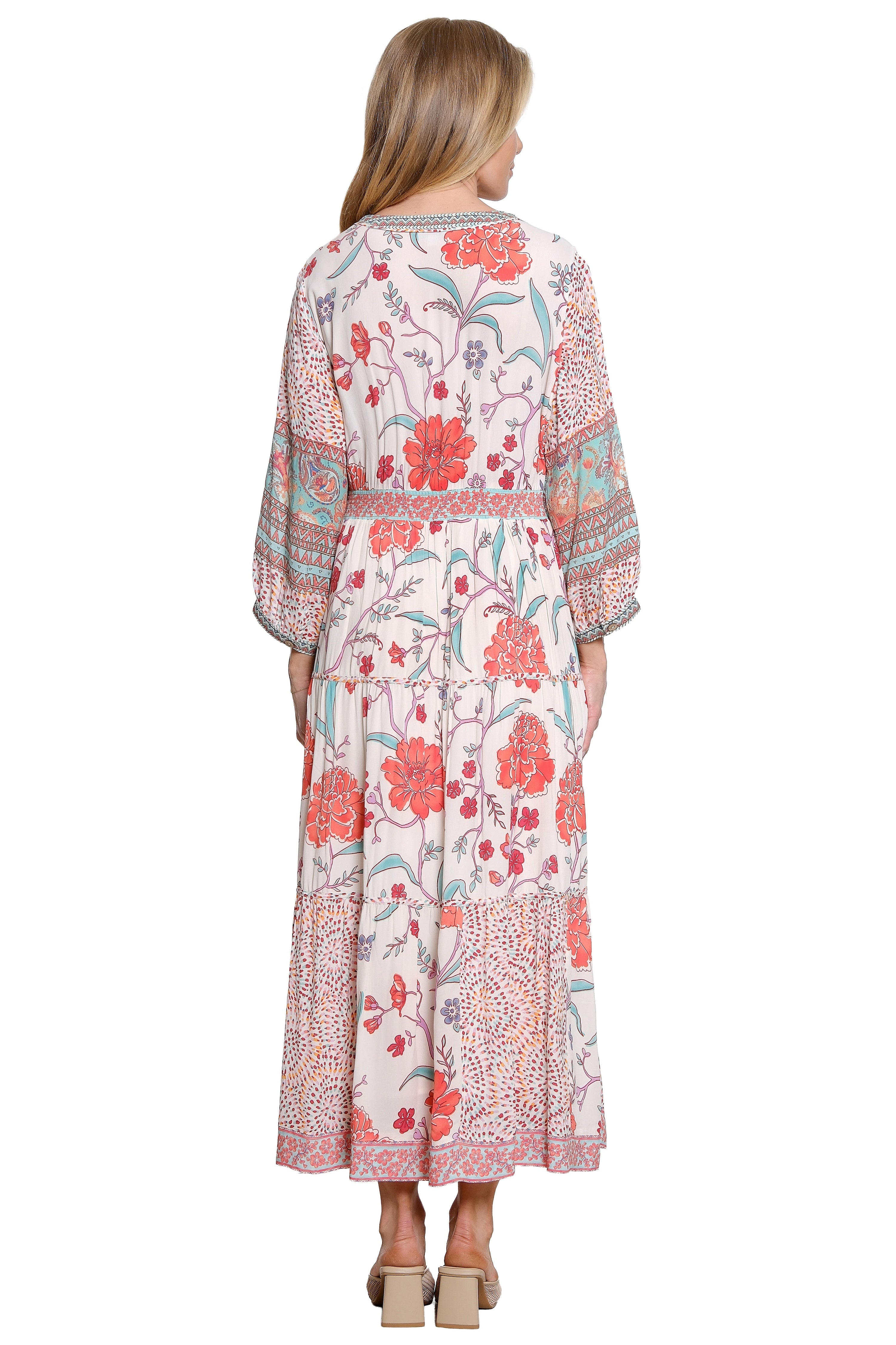 Mixed Print Tiered Dress with Embroidered Waist - Floral Multi