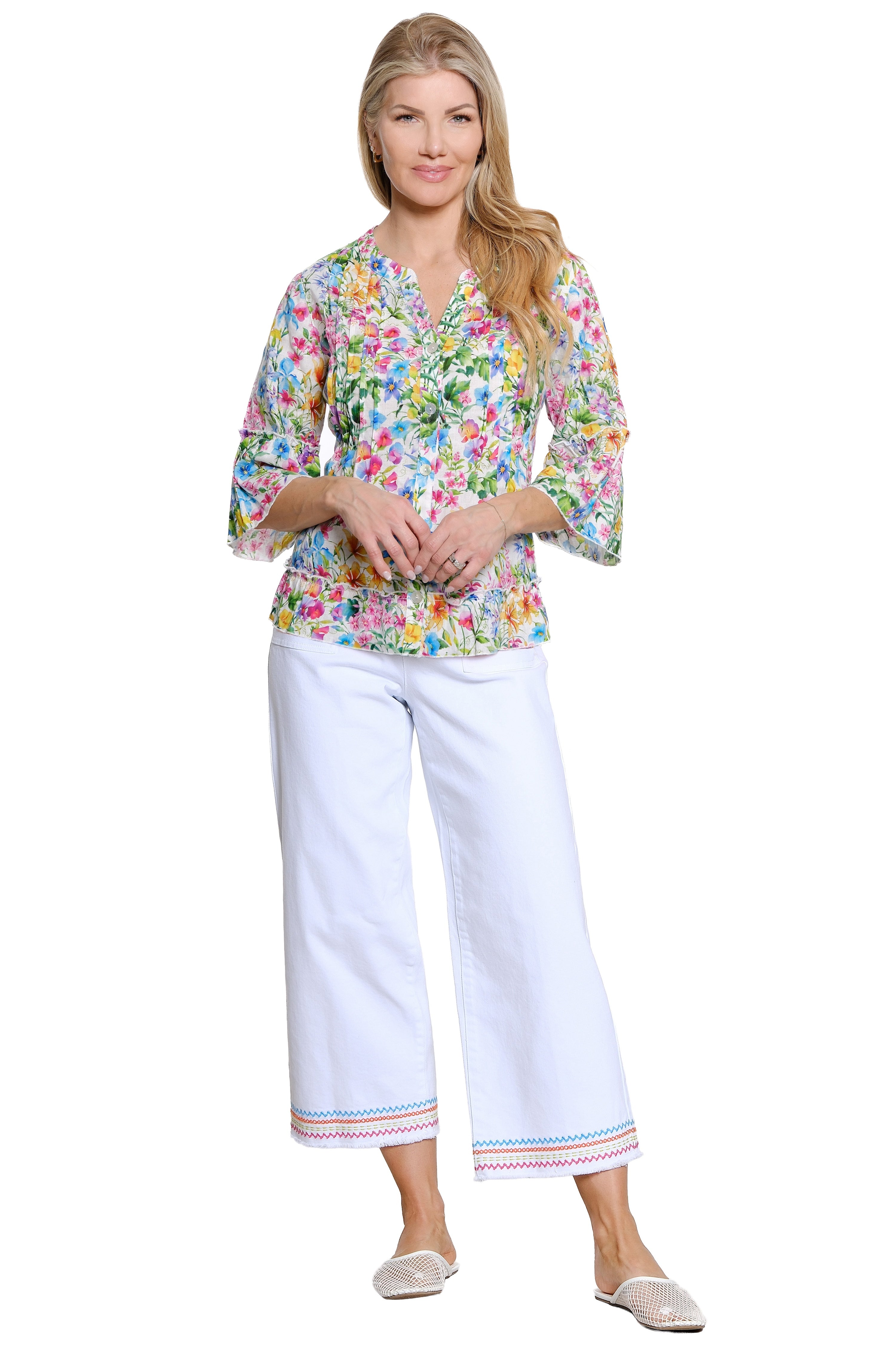 Wide Leg Jean w/ Embroidered Hem - White