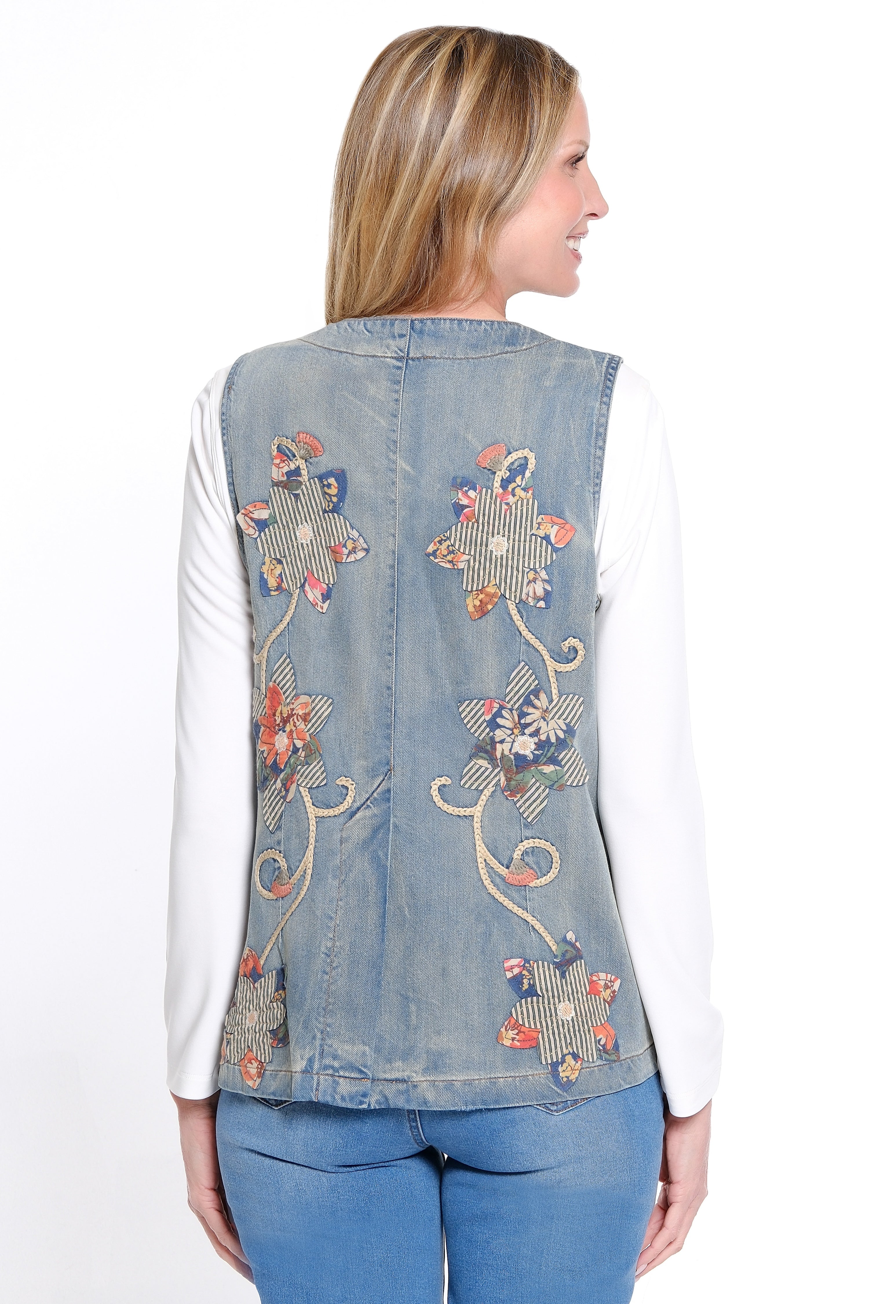 Embroidered & Appliqué Denim Vest - Denim