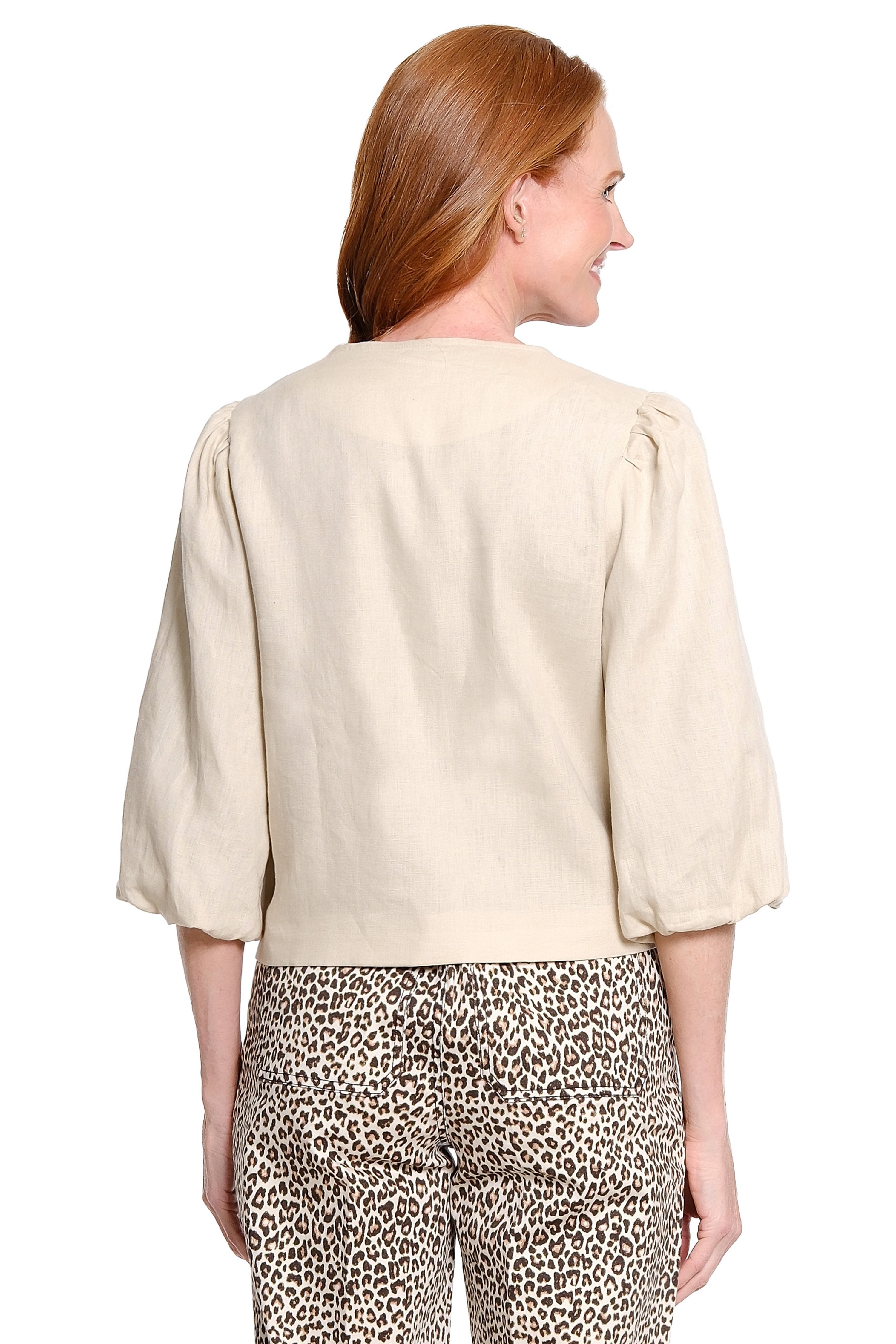 Linen Short Jacket with Bubble Sleeves - Petite - Neutral