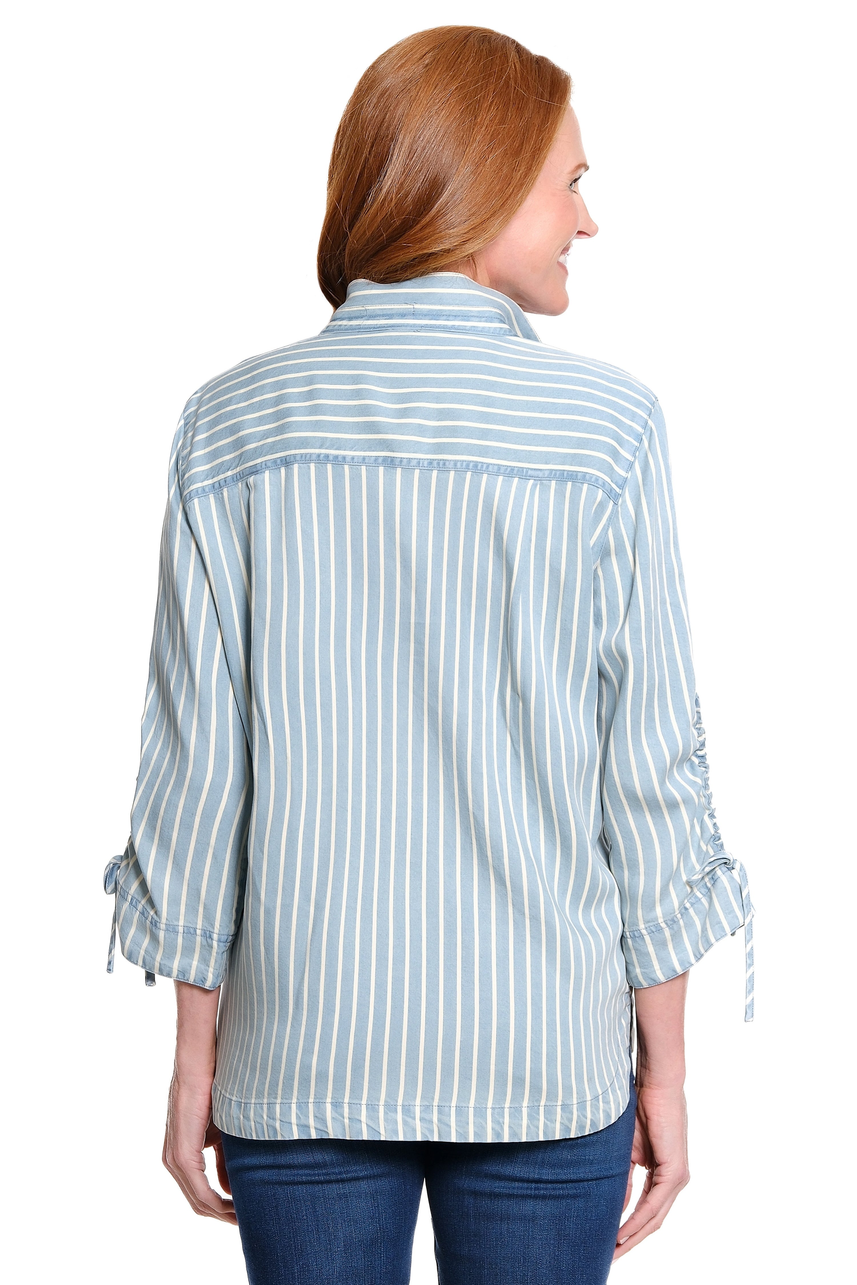 Button Front Blouse with Wire Collar - Blue Stripe