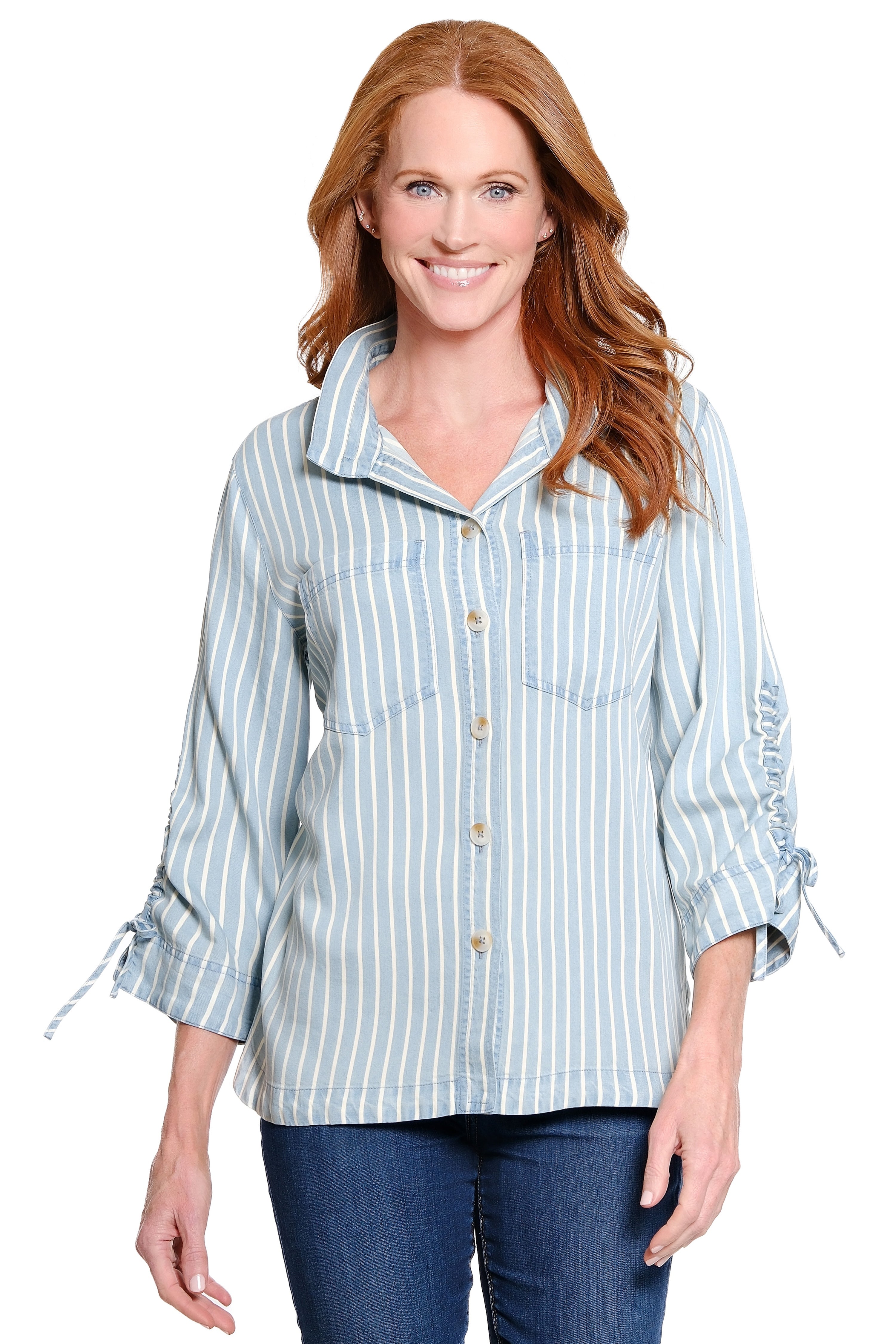 Button Front Blouse with Wire Collar - Blue Stripe