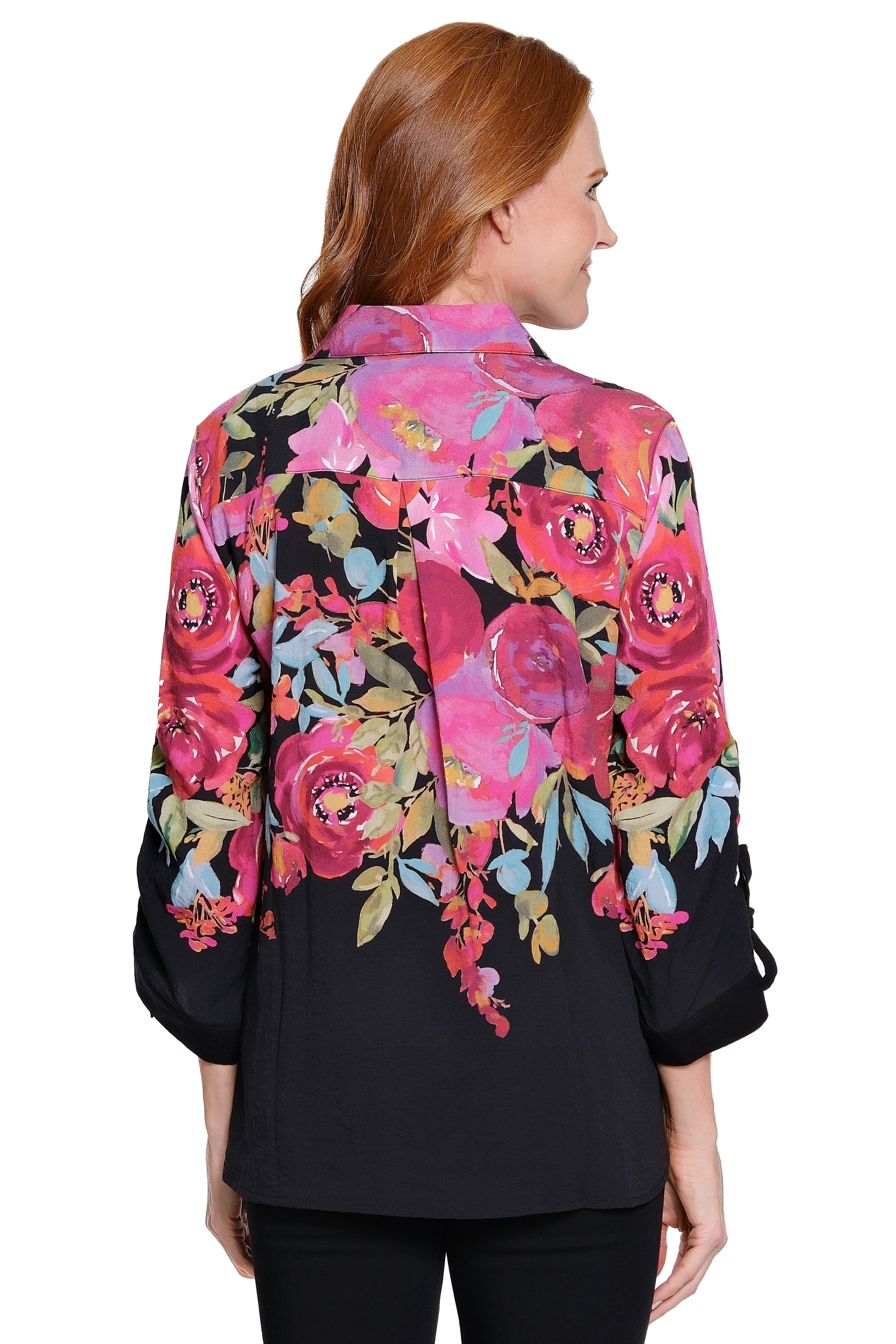 Floral Print Popover Top - Black