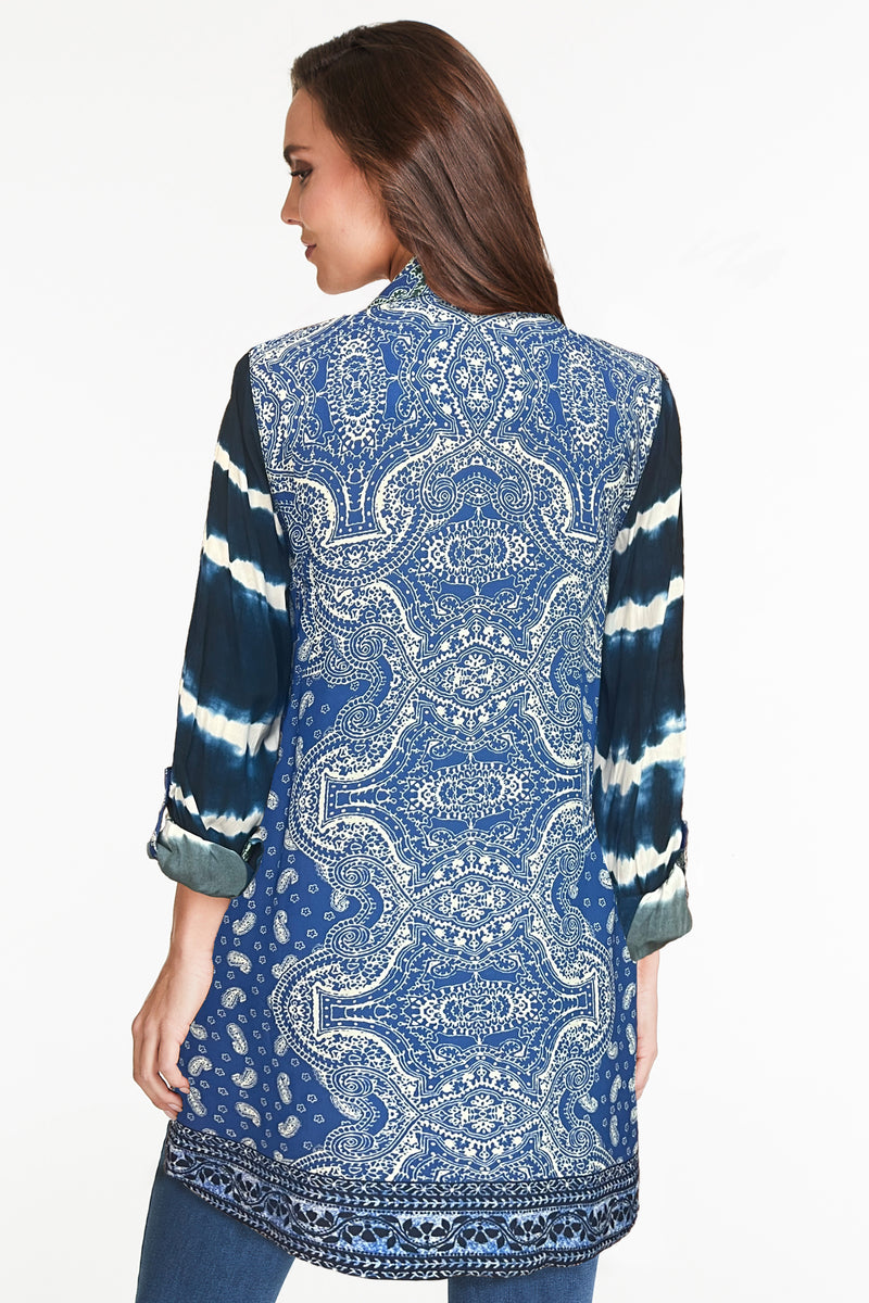 Mixed Print Button Front Tunic - Blue Print