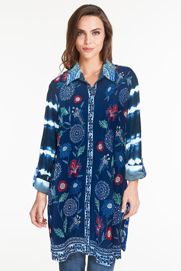 Mixed Print Button Front Tunic - Blue Print