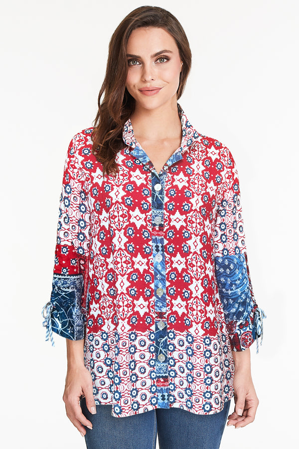 Wire Collar Tunic with Cinch Tie Sleeves - Multi