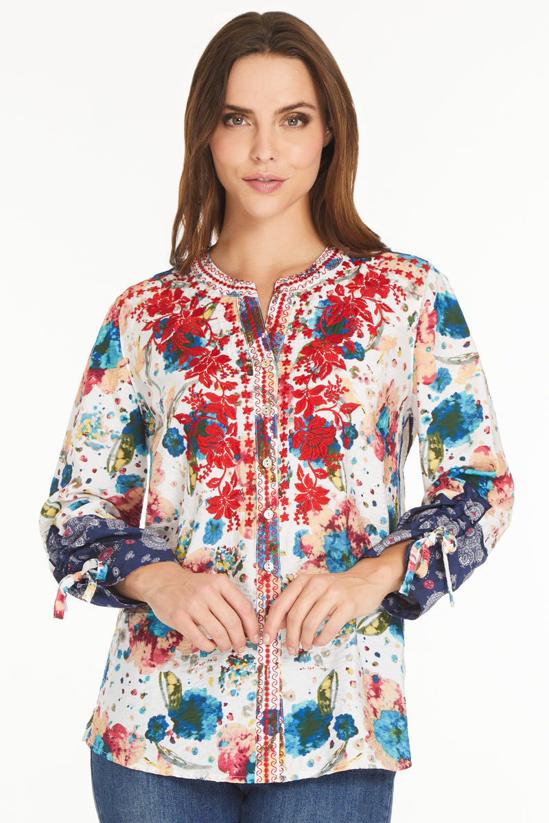 Y-Neck Embroidered Tunic - Multi