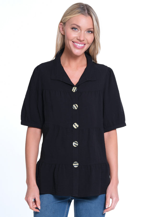 Tiered Ruffle Button Front Blouse- Black
