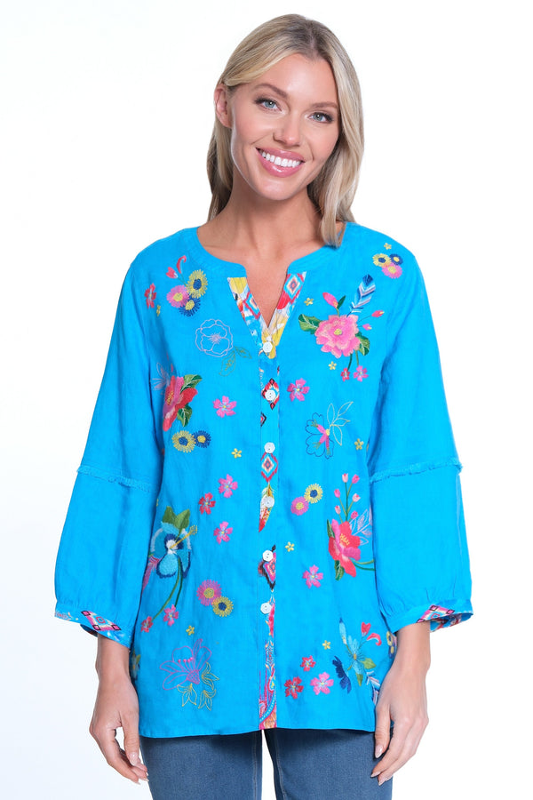 Embroidered Button Front Tunic - Petite - Turquoise
