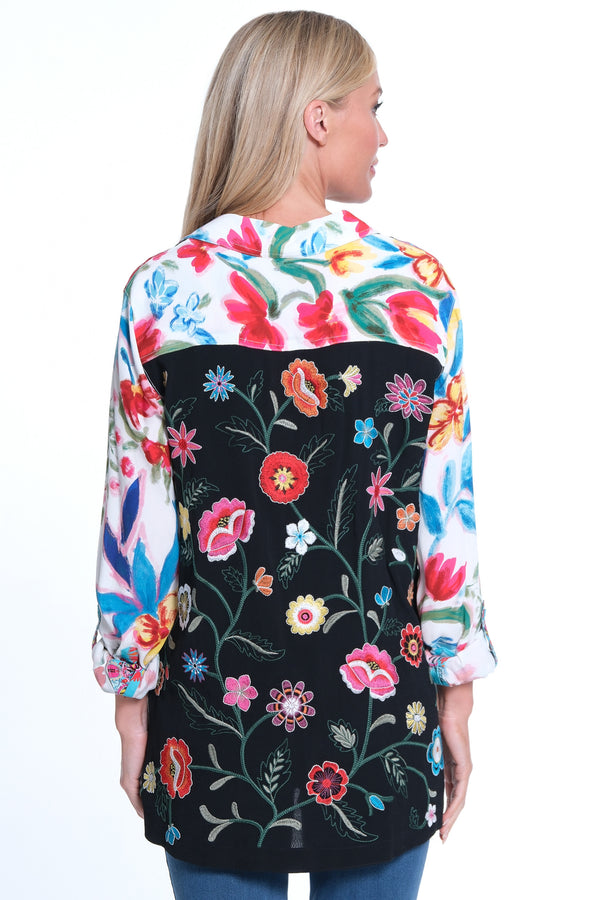 Embroidered Button Front Tunic- Floral Multi