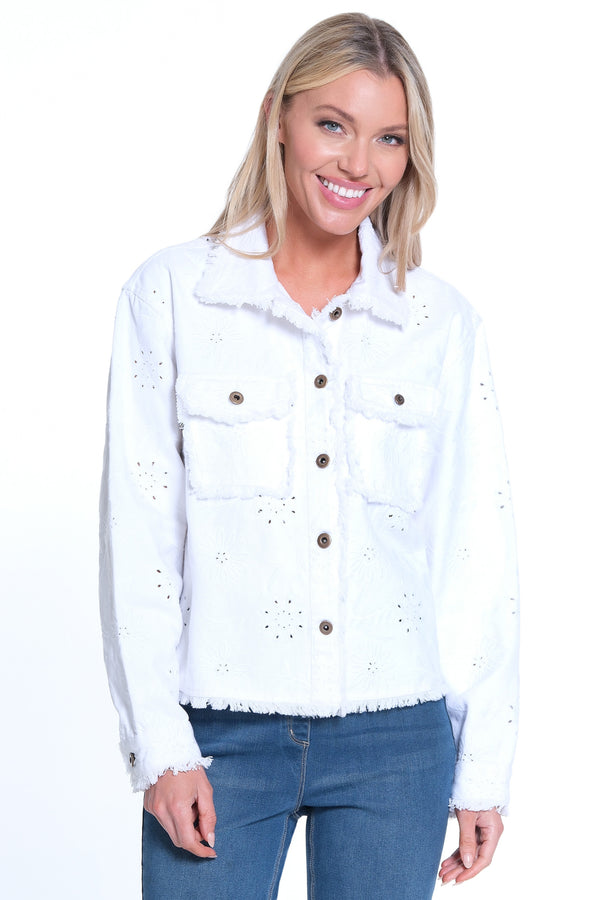 Embroidered Button Front Jacket- White